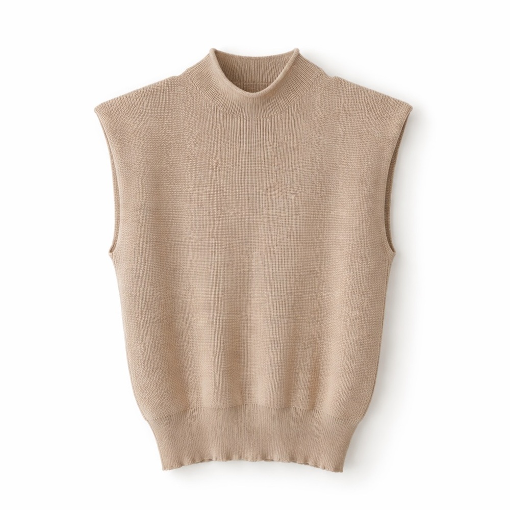 Neutral Structured Knit Top with Shoulder Pads Size L Capsule Wardrobe